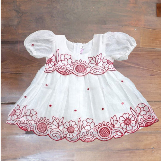 Red and white puff sleeve frock