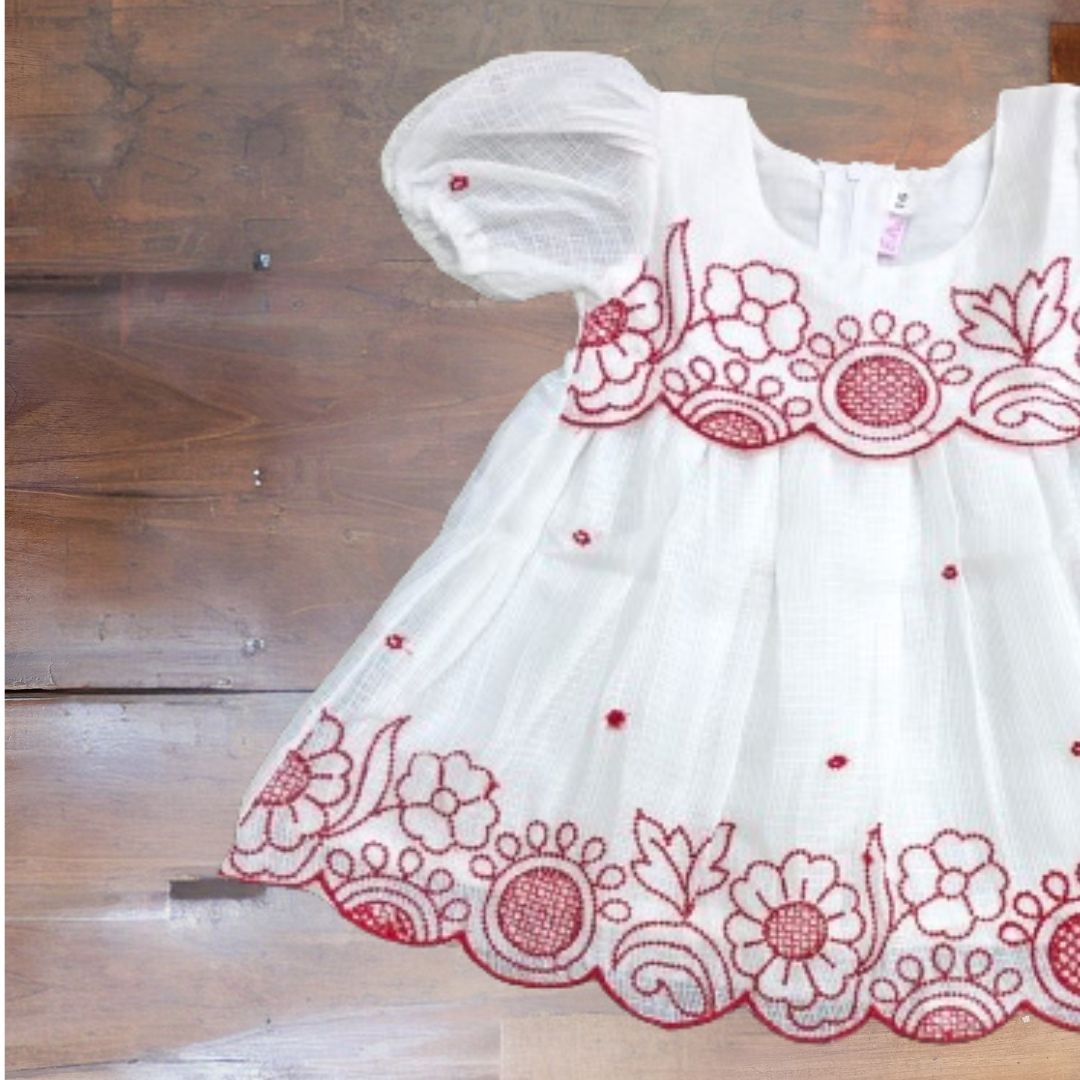 Red and white puff sleeve frock